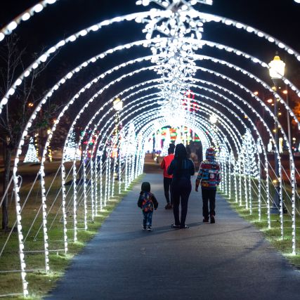 Familia caminando por un túnel de luces blancas con árboles iluminados por luces blancas a ambos lados